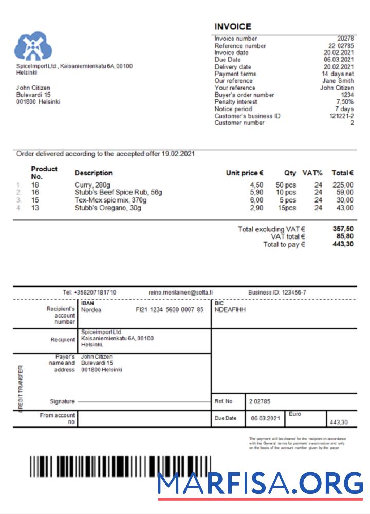 Printable Finland SpiceImport Ltd invoice real example